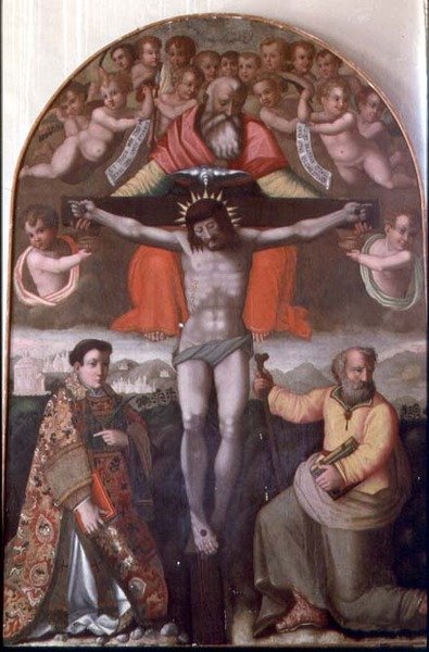 Treenighet med SS. Stephen och Philip, centralpanel i en altartavla (tempera på panel) av Filippino Lippi