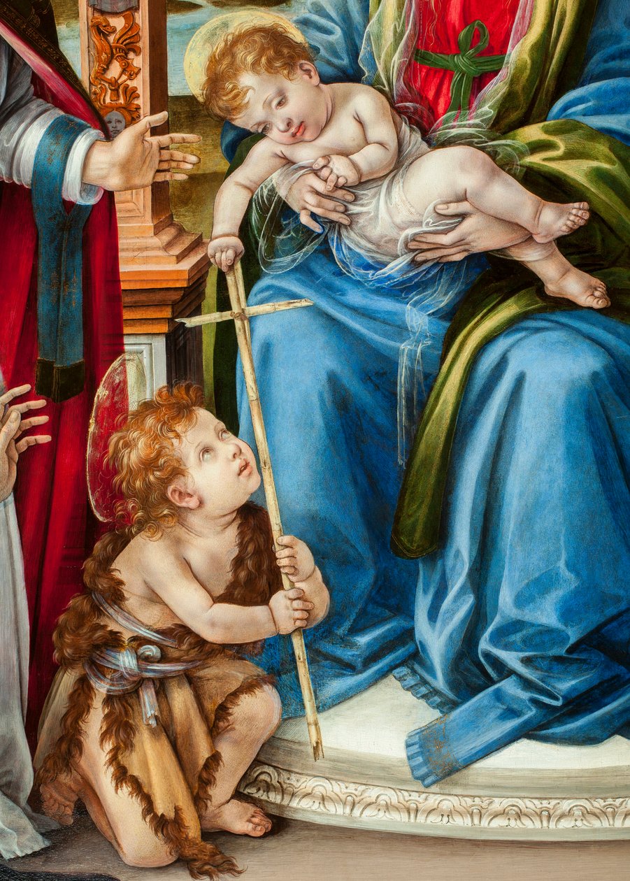 Jungfru med barn och Johannes Döparen, St Martin och St Katarina av Alexandria) Detalj av Nerli altartavla (tempera på panel av Filippino Lippi