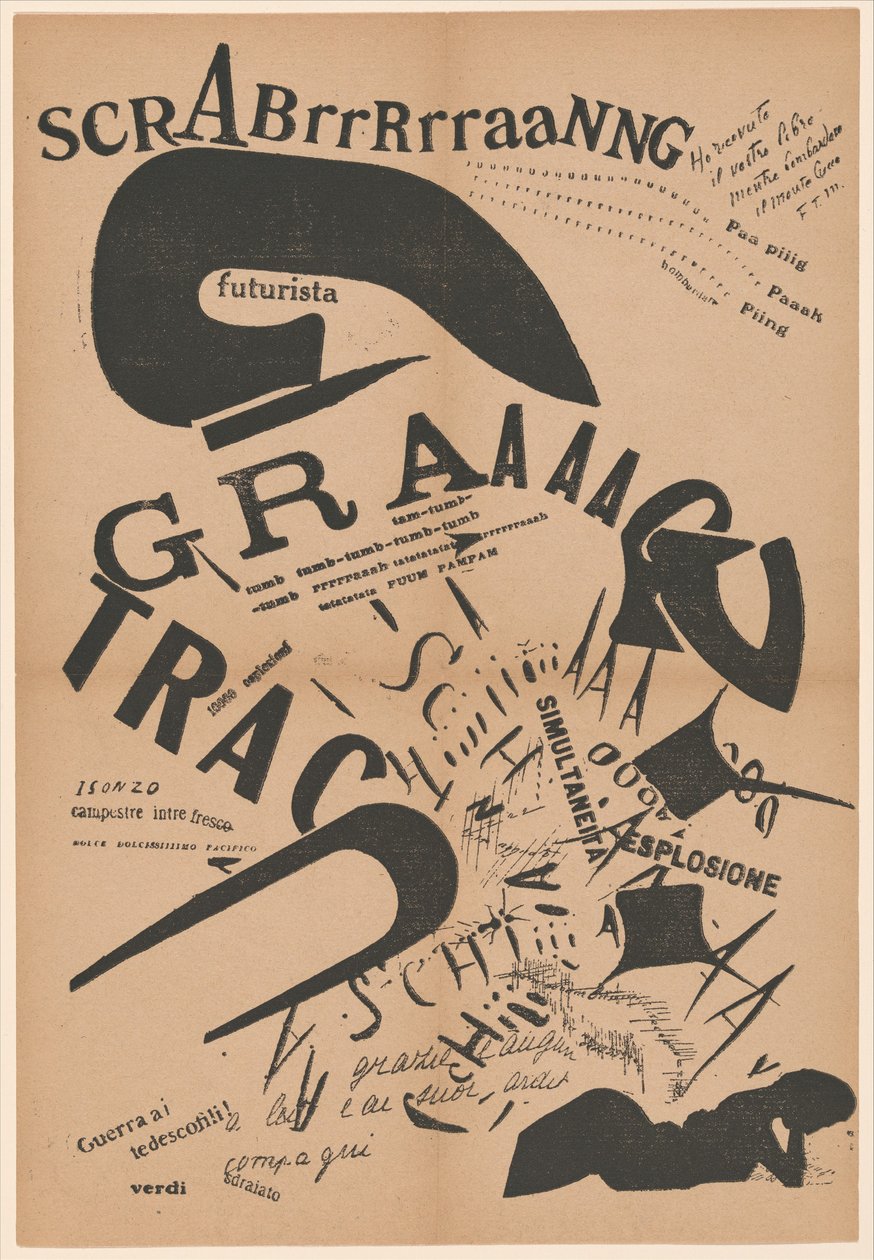 På kvällen, liggande på sin säng, läste hon om brevet från sin artillerist vid fronten, 1917 (boktryck) av Filippo Tommaso Emilio Marinetti