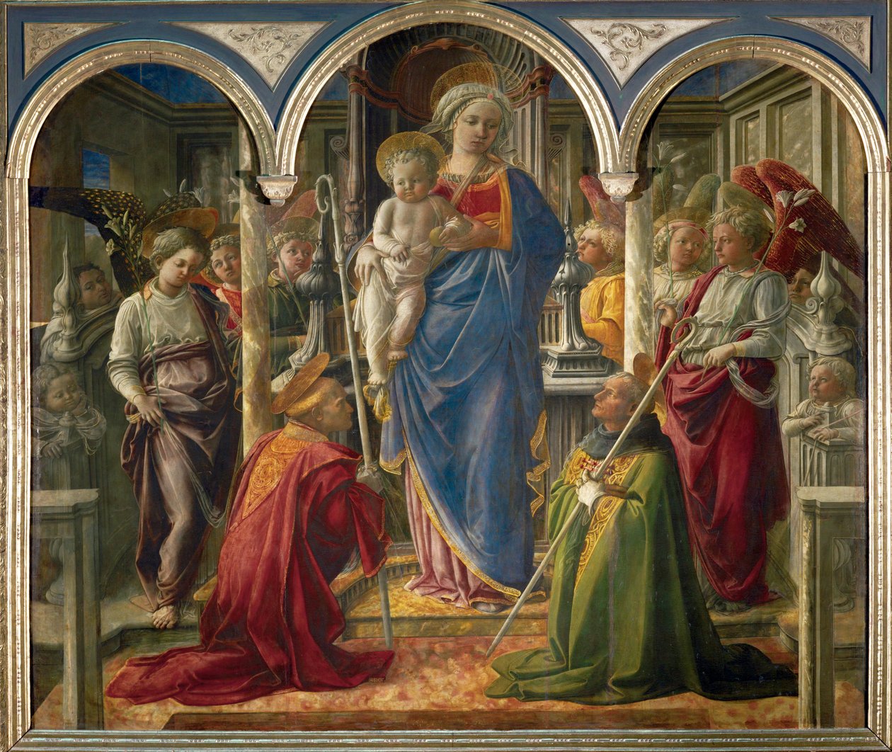Madonna och barn med änglar, och Saints Frediano och Augustine, kallad "Pala Barbadori" ... av Filippo (workshop of) Lippi