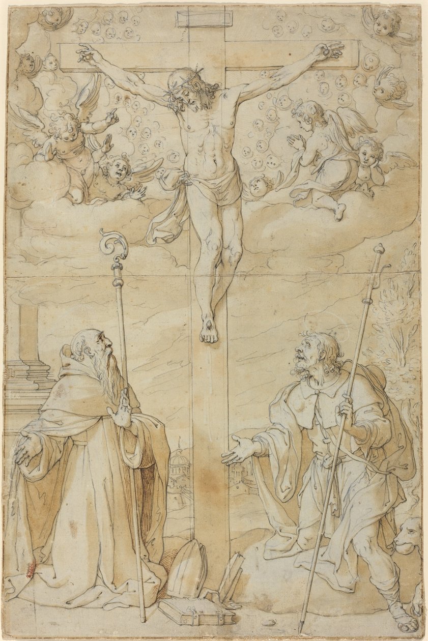 Korsfästelsen med heliga Roch och Augustinus av Filippo Bellini