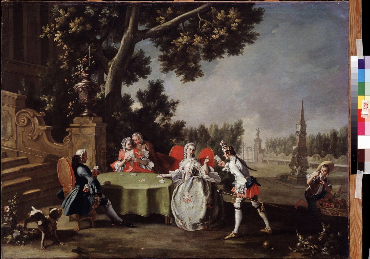 ""Kortfesten"" Grupp av italiensk adel som spelar kort i en trädgård. Målning av Filippo Falciatore (1718-1768) Pushkin-museet från 1700-talet, Moskva av Filippo Falciatore