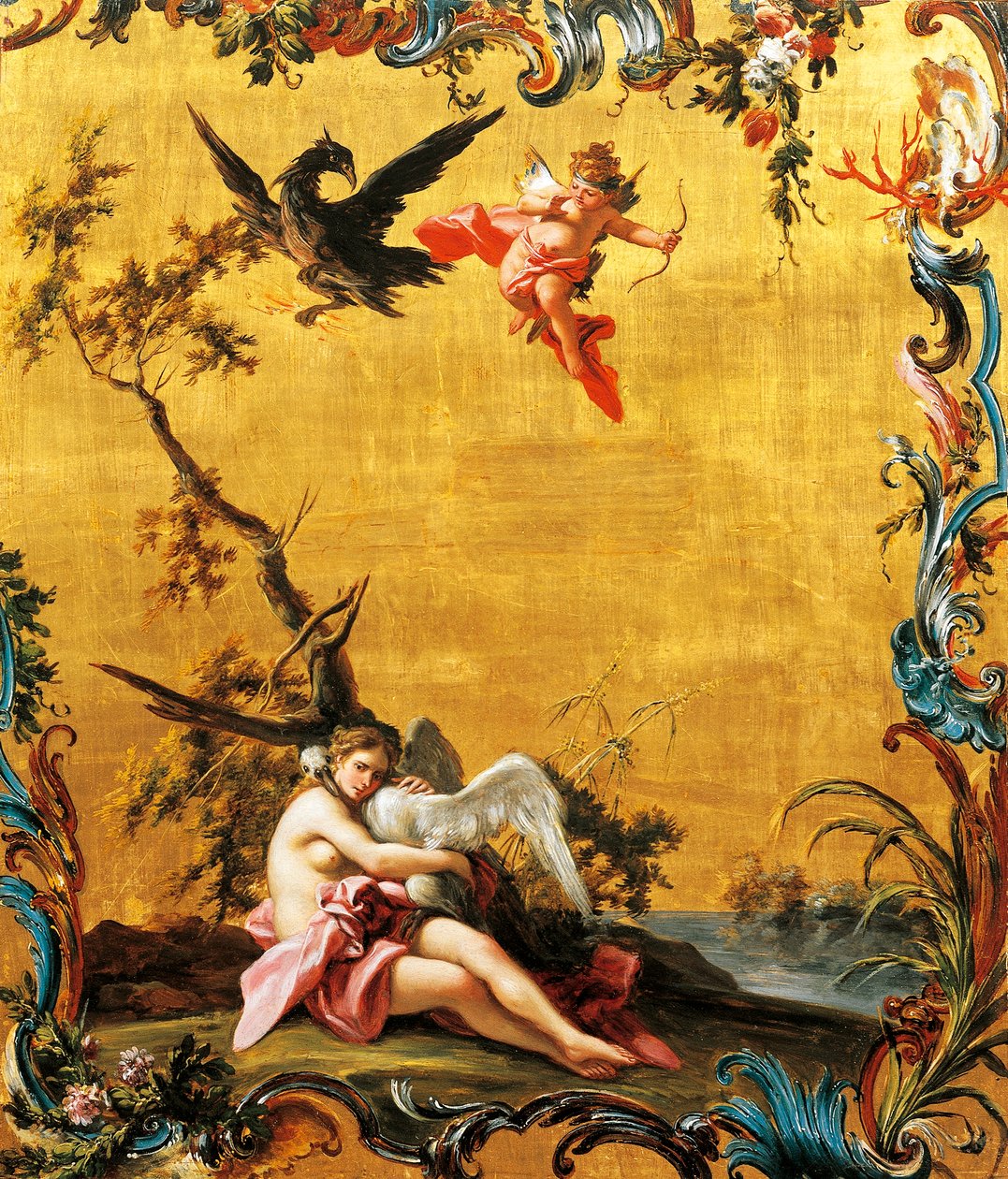 Leda och svanen, av Filippo Falciatore (aktiv 1737-1768), olja på panel. av Filippo Falciatore