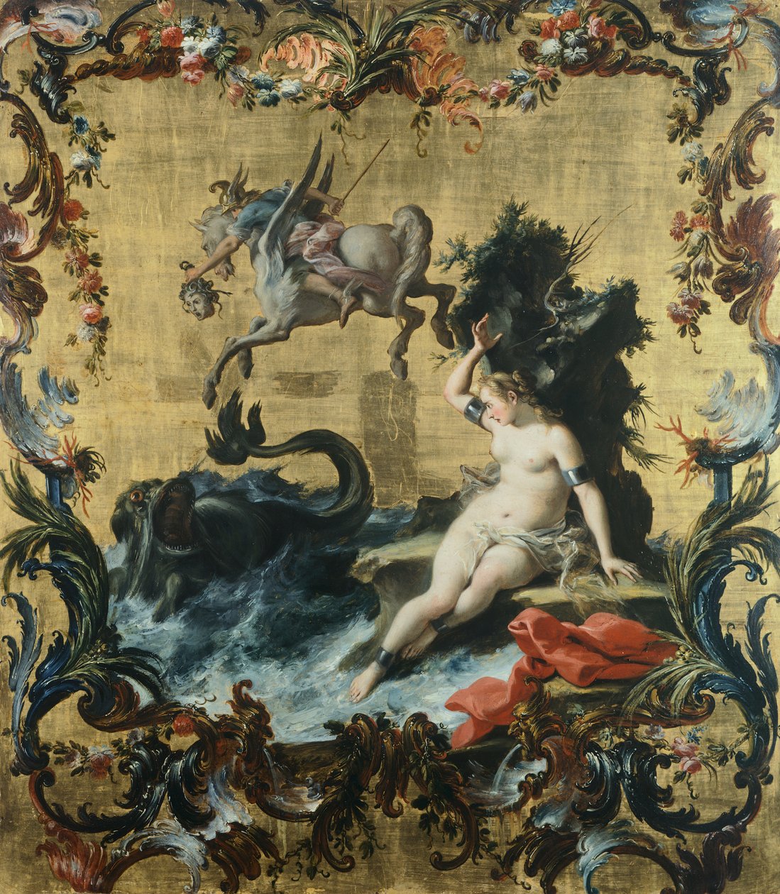 Perseus befriar Andromeda från havsmonstret, av Filippo Falciatore (aktiv 1728-1768), olja på panel. av Filippo Falciatore