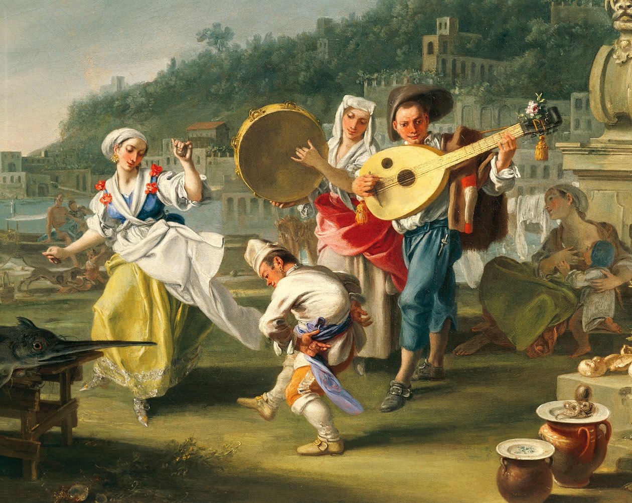 Tarantella i Mergellina, ca 1750, av Filippo Falciatore (aktiv 1737-1768), olja på duk, 76,2x102 cm, Detalj, Italien av Filippo Falciatore