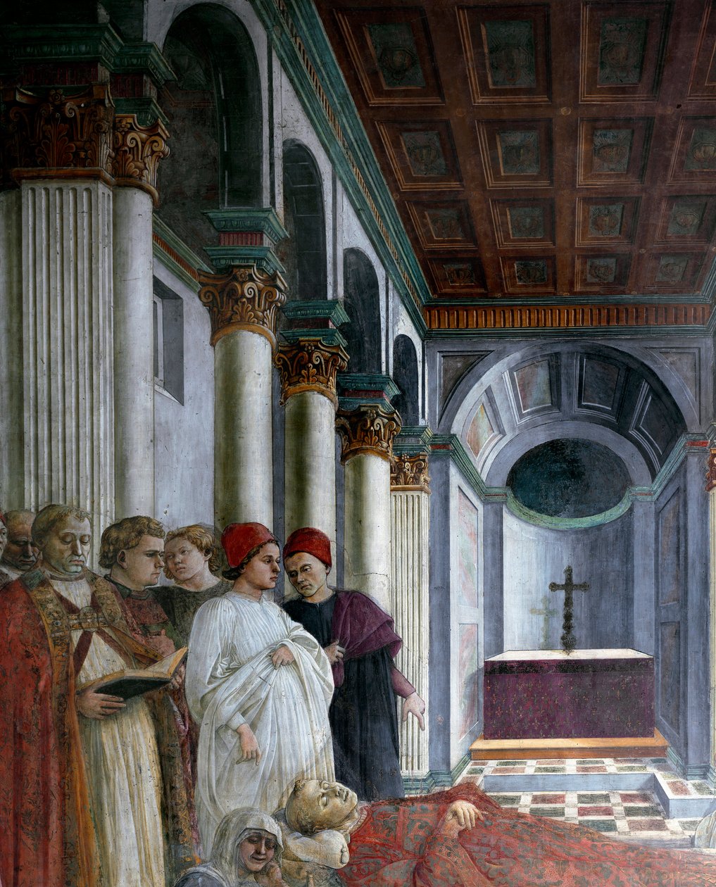 Cykel om Saint Stephens liv: "" Den helige Stefans begravning"" (The esequie di santo Stefano) Detalj. Fresk av Filippo Lippi (ca 1406-1469) 1452-1465 Prato, Cattedrale di Santo Stefano (Duomo) Italien - Berättelser från St. Stefans liv. Begravning, av Filippo Lippi