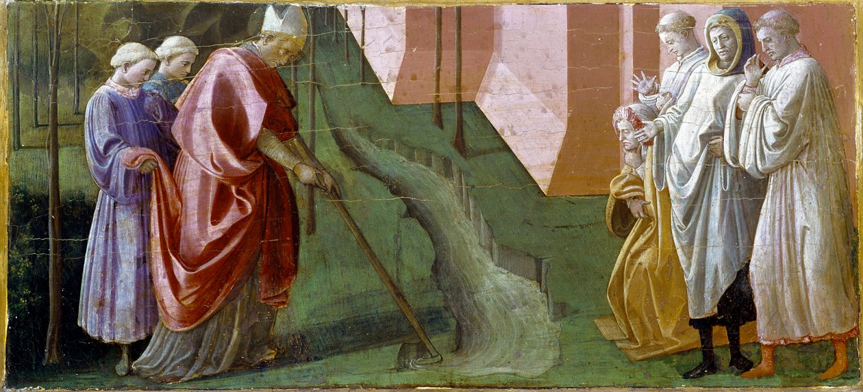 Pala Barbadori: "" Saint Fridian (frigidian eller frigdian eller Frediano) biskop av Lucca, stoppar vid sina böner översvämningen av Serchiofloden"" Trempe på trä av Filippo Lippi (ca 1406-1469) Florens Galleria degli Uffizi (Kontor) - Predella från Barb av Filippo Lippi