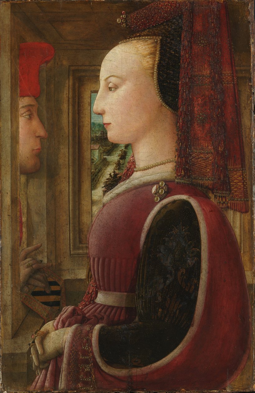 Porträtt av en kvinna med en man vid ett fönster av Filippo Lippi