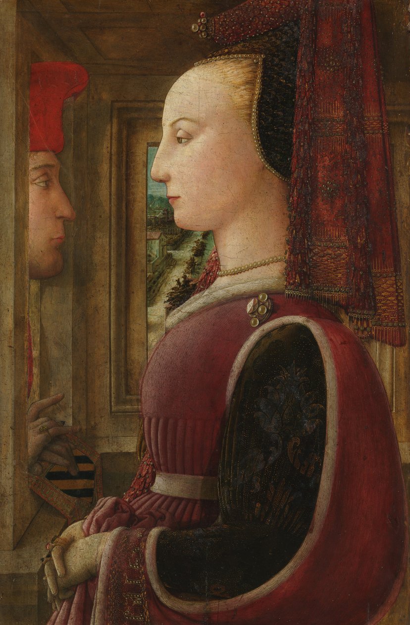 Porträtt av en kvinna med en man vid en båge, ca. 1440. av Fra Filippo Lippi