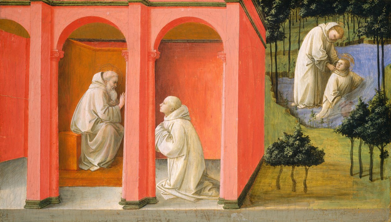 Saint Benedict beordrar Saint Maurus att rädda Saint Placidus, ca. 14451450. av Filippo Lippi