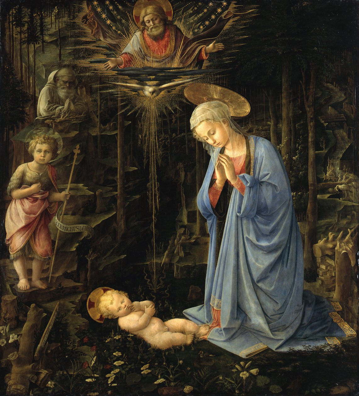 Jungfrun som tillber barnet / Tillbedjan i skogen, Den heliga familjen med den unge Johannes av Filippo Lippi