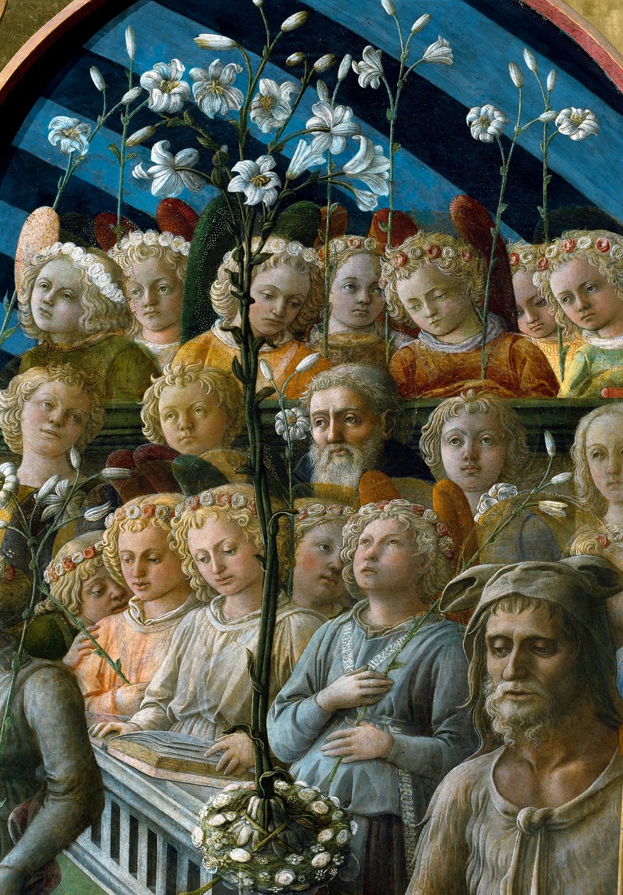 Jungfruns kröning Detalj av korsänglarna som håller blommor av liljor. Karaktären nedan till höger är Saint John the Baptists skyddshelgon i Florens. Målning av Filippo Lippi (1457-1504) av Filippo Lippi