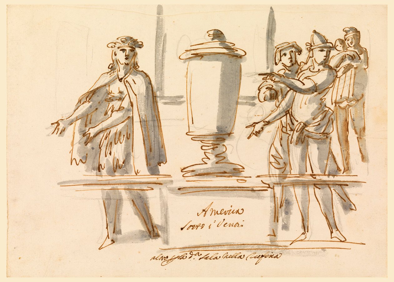 Teckning, Allegori över Amerika, Dekoration till kardinal Falconieris salong i Frascati, 1700-1900-tal av Filippo Marchionni