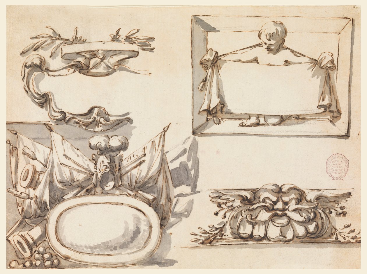Ritning, En vapensköld, en trofé, en etikett, ett dekorativt motiv för en fris, 1750-75 av Filippo Marchionni