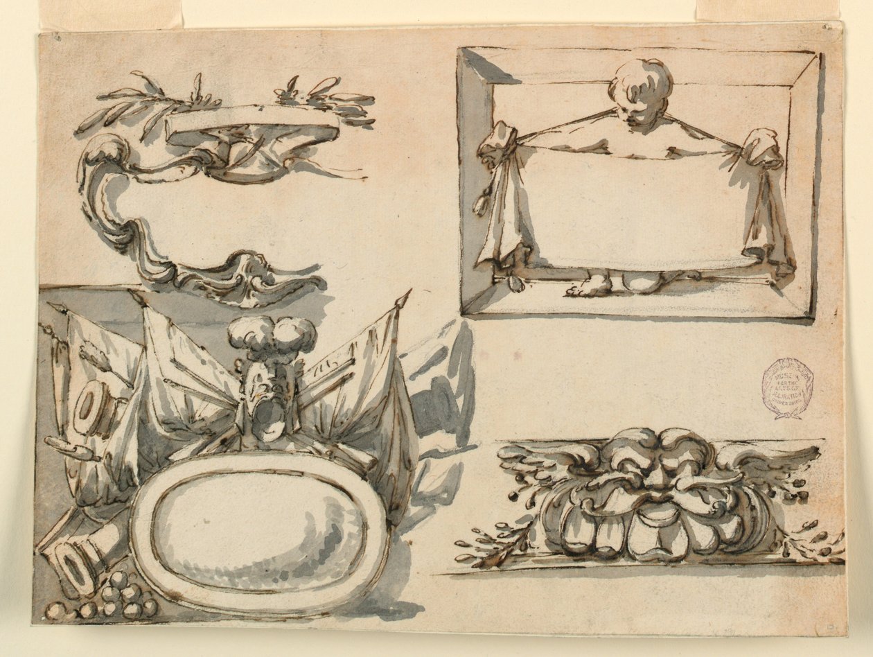 Ritning, En vapensköld, en trofé, en etikett, ett dekorativt motiv för en fris, 1750-75 av Filippo Marchionni