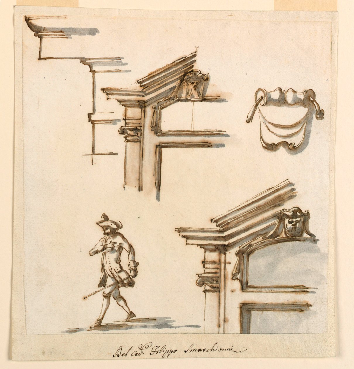 Ritning, arkitektoniska detaljer och figurstudie, 1760-75 av Filippo Marchionni
