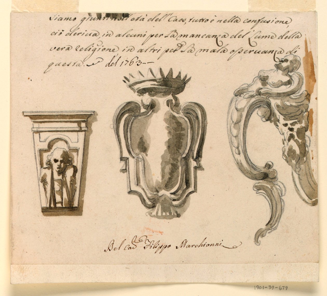 Ritning, Förslag till konsol och nyckelskylt, 1763 av Filippo Marchionni
