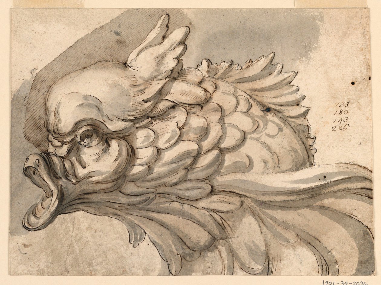 Teckning, Huvud av en delfin, ca 1775 av Filippo Marchionni