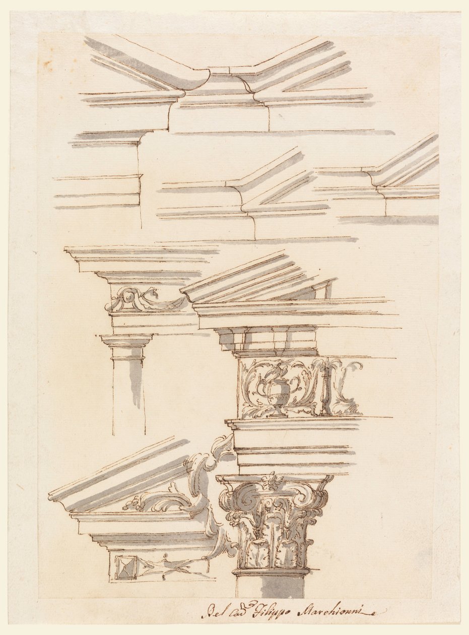 Teckning, Studier till entablement och fronton, ca 1770 av Filippo Marchionni