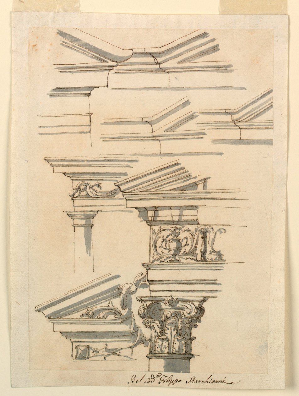 Teckning, Studier till entablement och fronton, ca 1770 av Filippo Marchionni