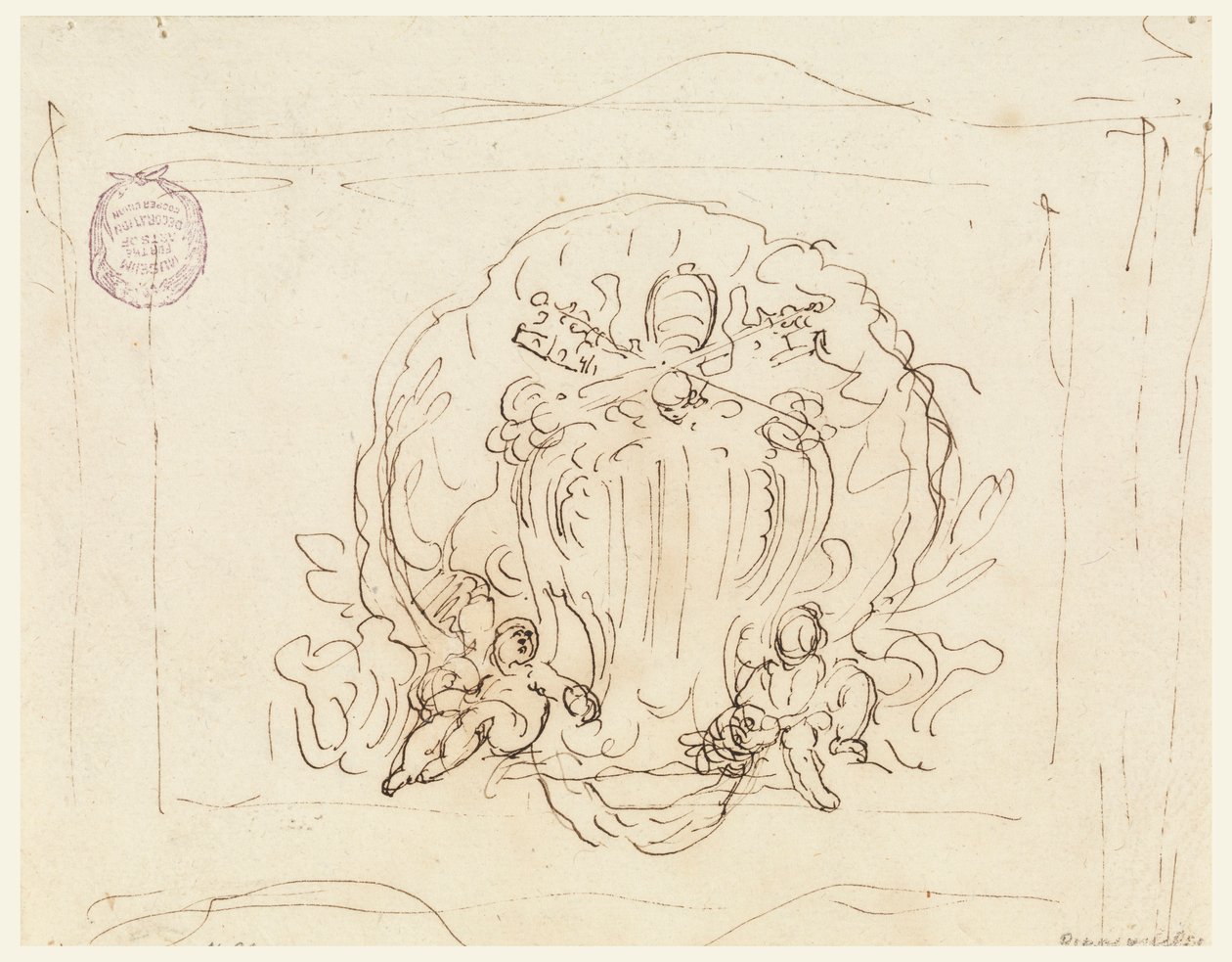 Teckning, Tavla med påven Benedictus XIV:s vapensköld med snäcka som bakgrund, 1740-58 av Filippo Marchionni