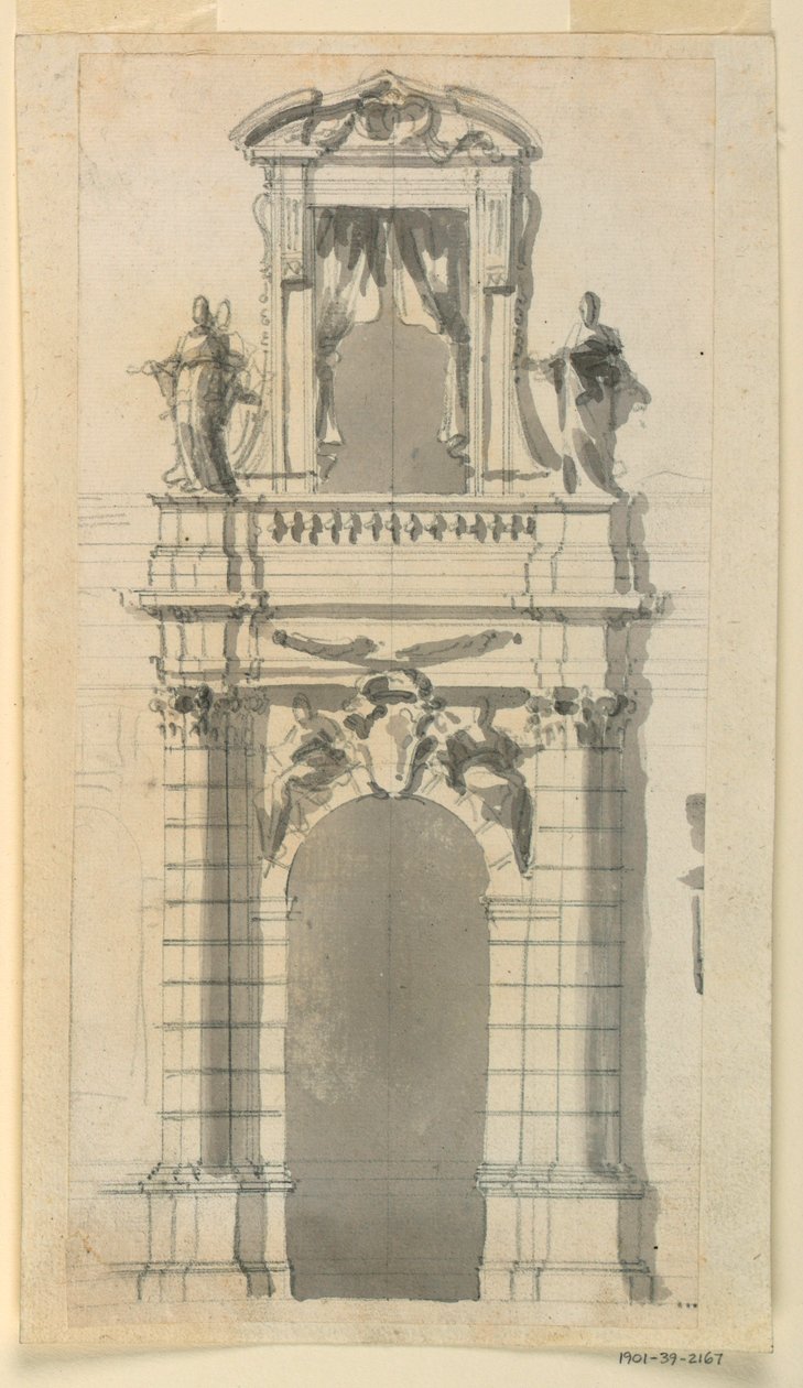 Ritning, Upphöjning av nedre mittpartiet av en stadsvilla, 1770-85 av Filippo Marchionni