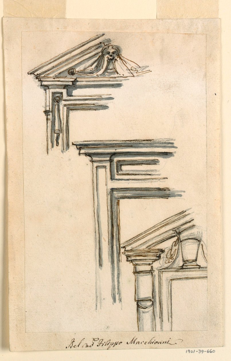 Teckning, Tre fönster- eller dörrfodral, ca 1770 av Filippo Marchionni
