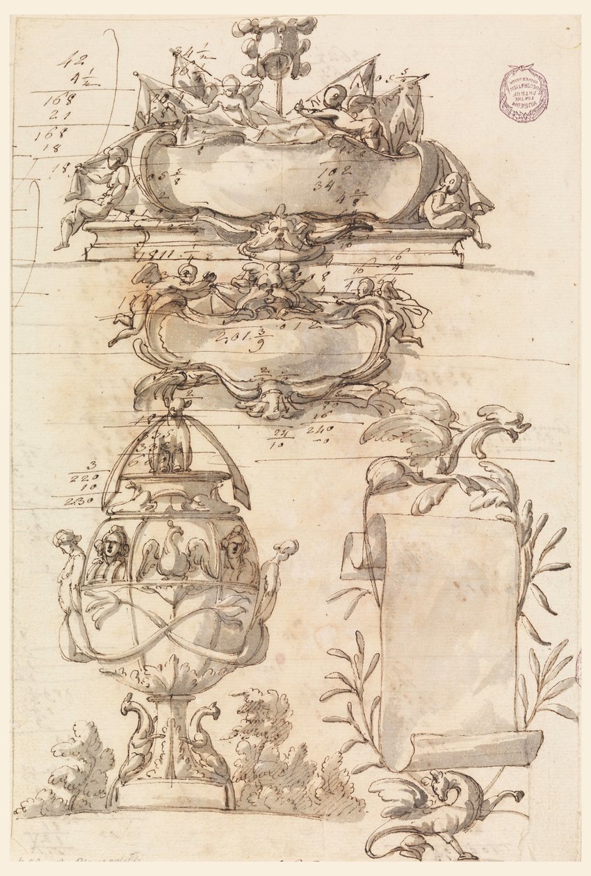 Ritning, Två vapensköldar, dekorativ vas och en scroll, 1750-75 av Filippo Marchionni