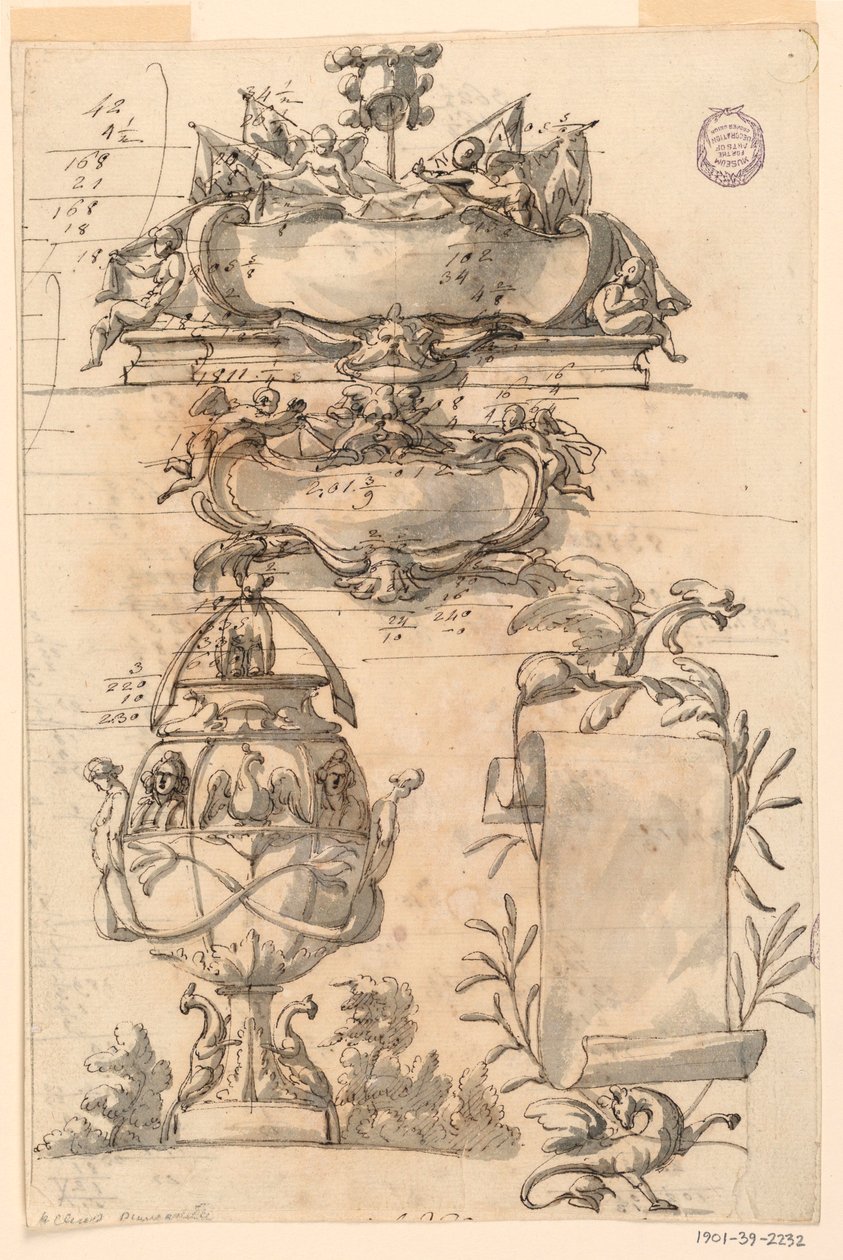 Ritning, Två vapensköldar, dekorativ vas och en scroll, 1750-75 av Filippo Marchionni