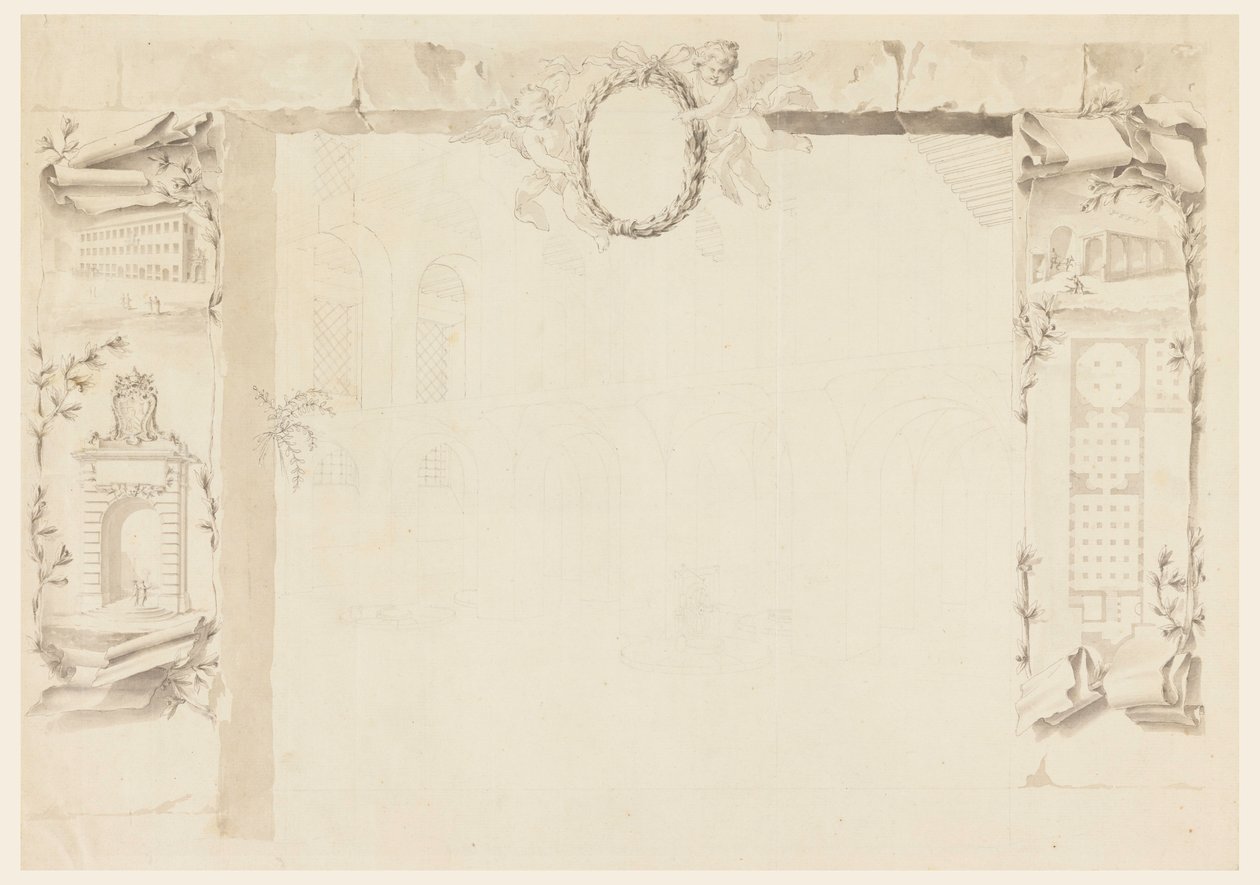 Teckning, Ofullbordat utkast till ett minnesblad med anledning av uppförandet av en påvlig fabrik (Magazins of Annona), 1760-69 av Filippo Marchionni