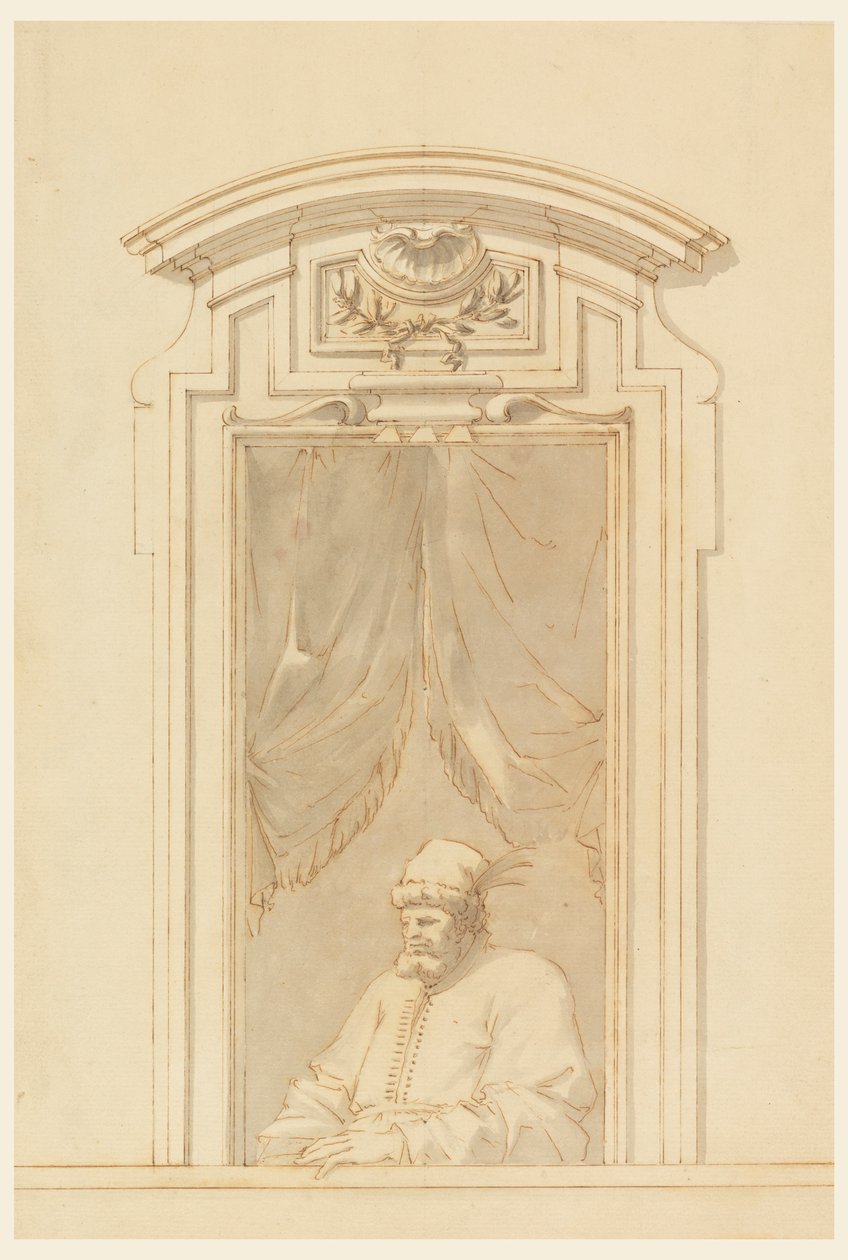 Teckning, Fönsterfodral och halvfigur av turk, 1750-70 av Filippo Marchionni