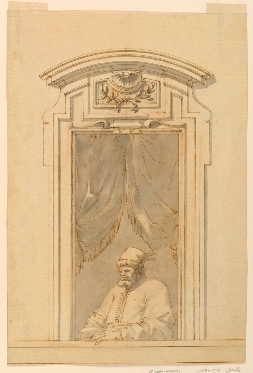 Teckning, Fönsterfodral och halvfigur av turk, 1750-70 av Filippo Marchionni