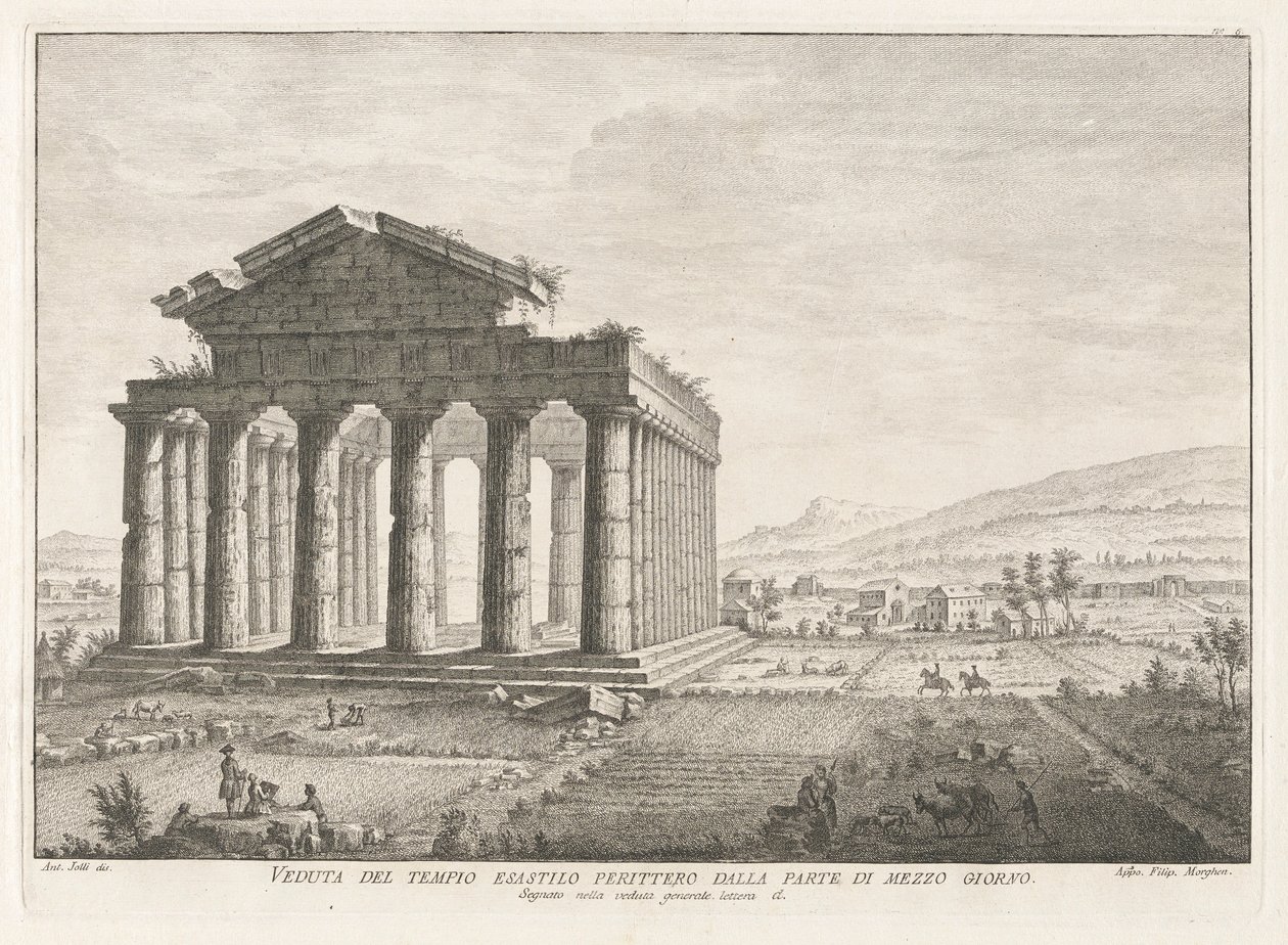 Utsikt över Peripteral Hexastyle Temple från söder, från Antichit? av Pesto (Paestums antikviteter) av Filippo Morghen