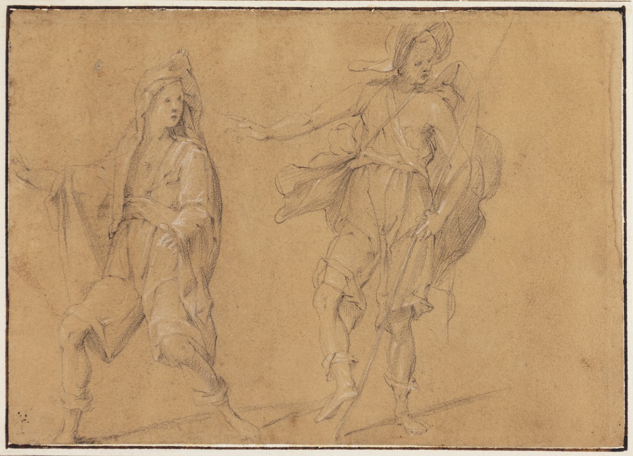 En springande figur med manteln över huvudet, och en stående man med hatt och stav av Filippo Paladini