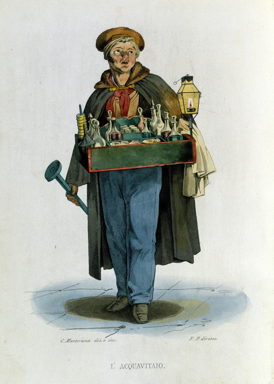 Småföretag i staden Neapel: en resande försäljare av konjak. Gravyr efter målning av F. Palizza. Från ett verk av Francesco de Bourcard "" Costumi del regno di Napoli"" av Filippo Palizzi