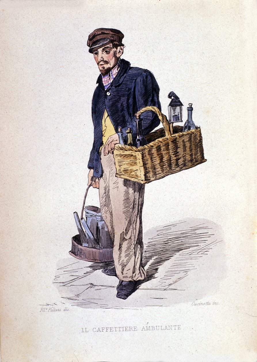 Småföretag i staden Neapel: "caffettiere", en napolitansk kaffehandlare. Gravyr efter målning av F. Palizza. Från ett verk av Francesco de Bourcard "" Costumi del regno di Napoli"" av Filippo Palizzi