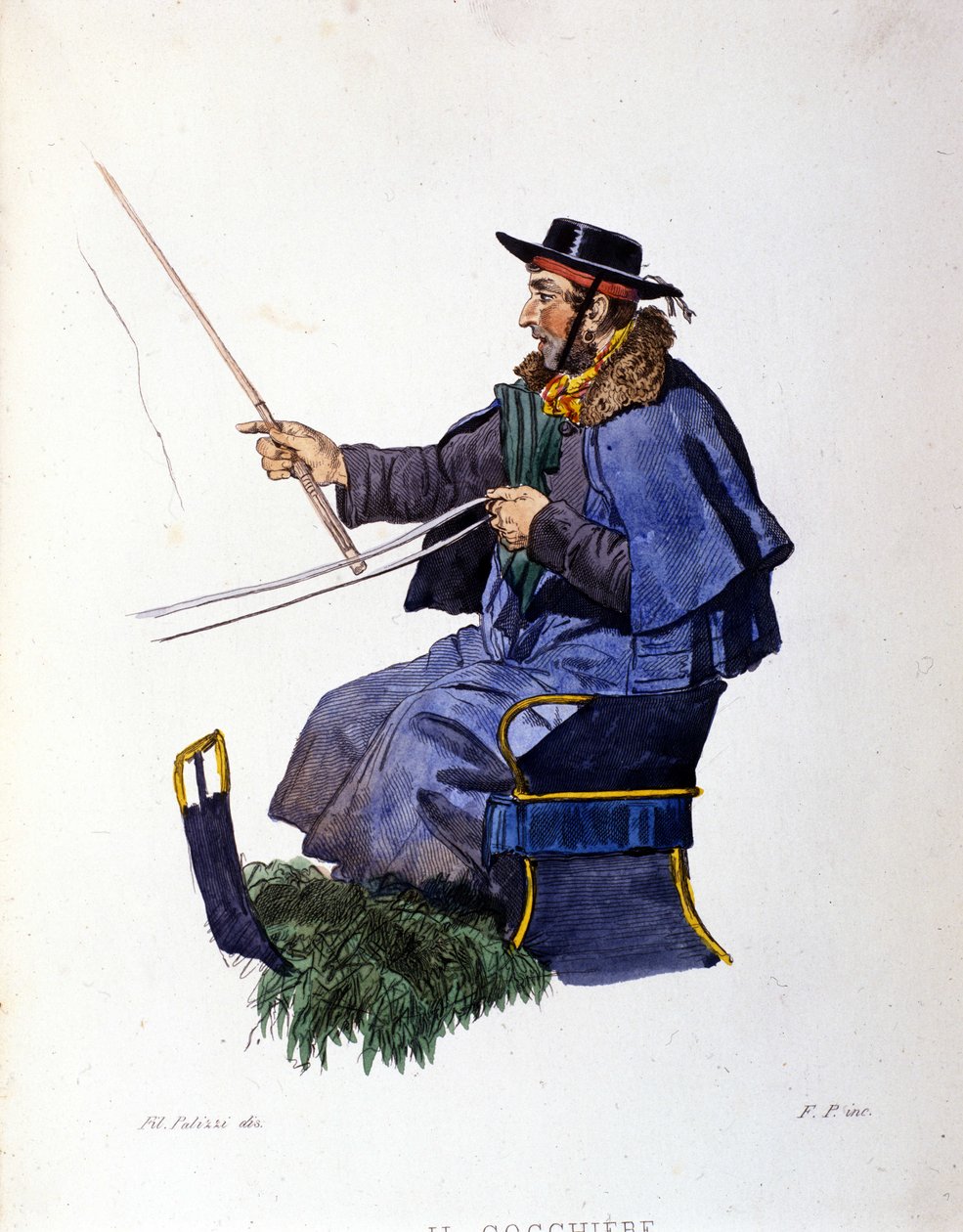 Småföretag i staden Neapel: kusken. Gravyr efter målning av F. Palizza. Från ett verk av Francesco de Bourcard "" Costumi del regno di Napoli"" av Filippo Palizzi