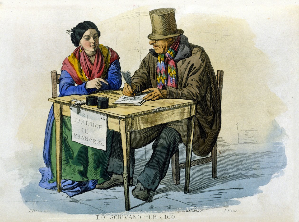 Småföretag i staden Neapel: den offentliga författaren. Gravyr efter målning av F. Palizza. Från ett verk av Francesco de Bourcard "" Costumi del regno di Napoli"" av Filippo Palizzi