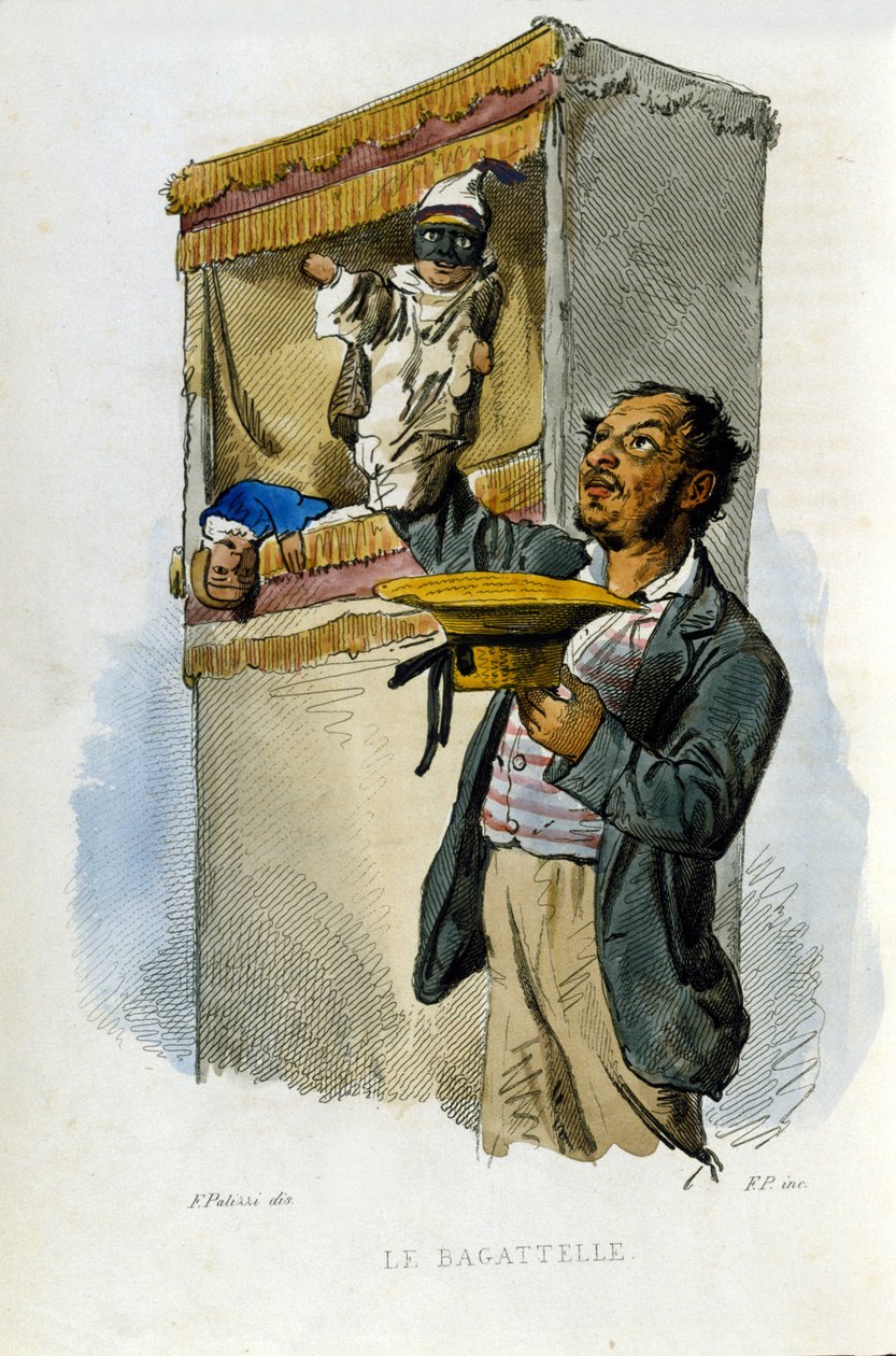 Småföretag i staden Neapel: dockspelaren. Gravyr efter målning av F. Palizza. Från ett verk av Francesco de Bourcard "" Costumi del regno di Napoli"" av Filippo Palizzi