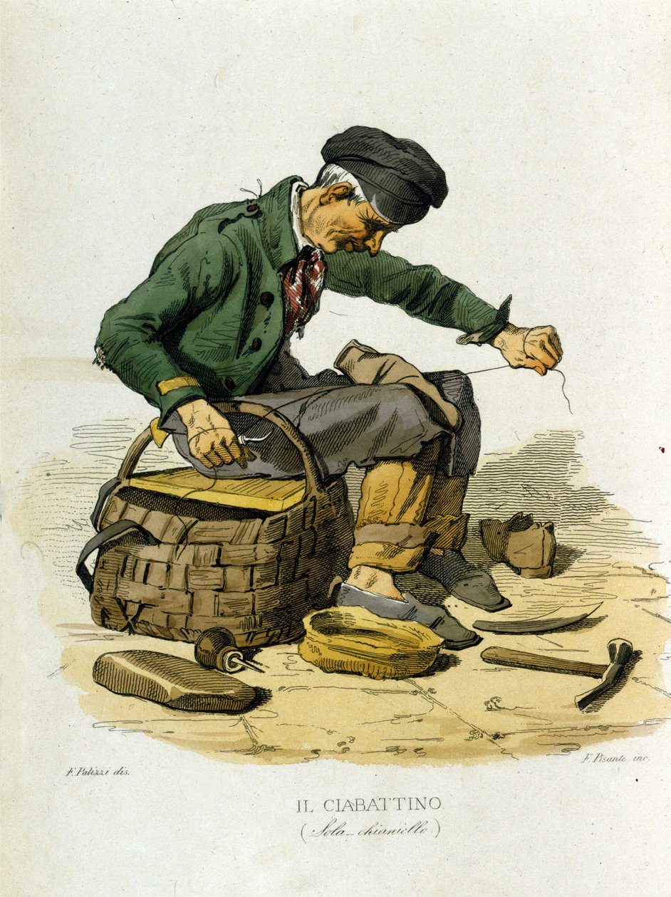 Småföretag i staden Neapel: den räddare. Gravyr efter målning av F. Palizza. Från ett verk av Francesco de Bourcard "" Costumi del regno di Napoli"" av Filippo Palizzi