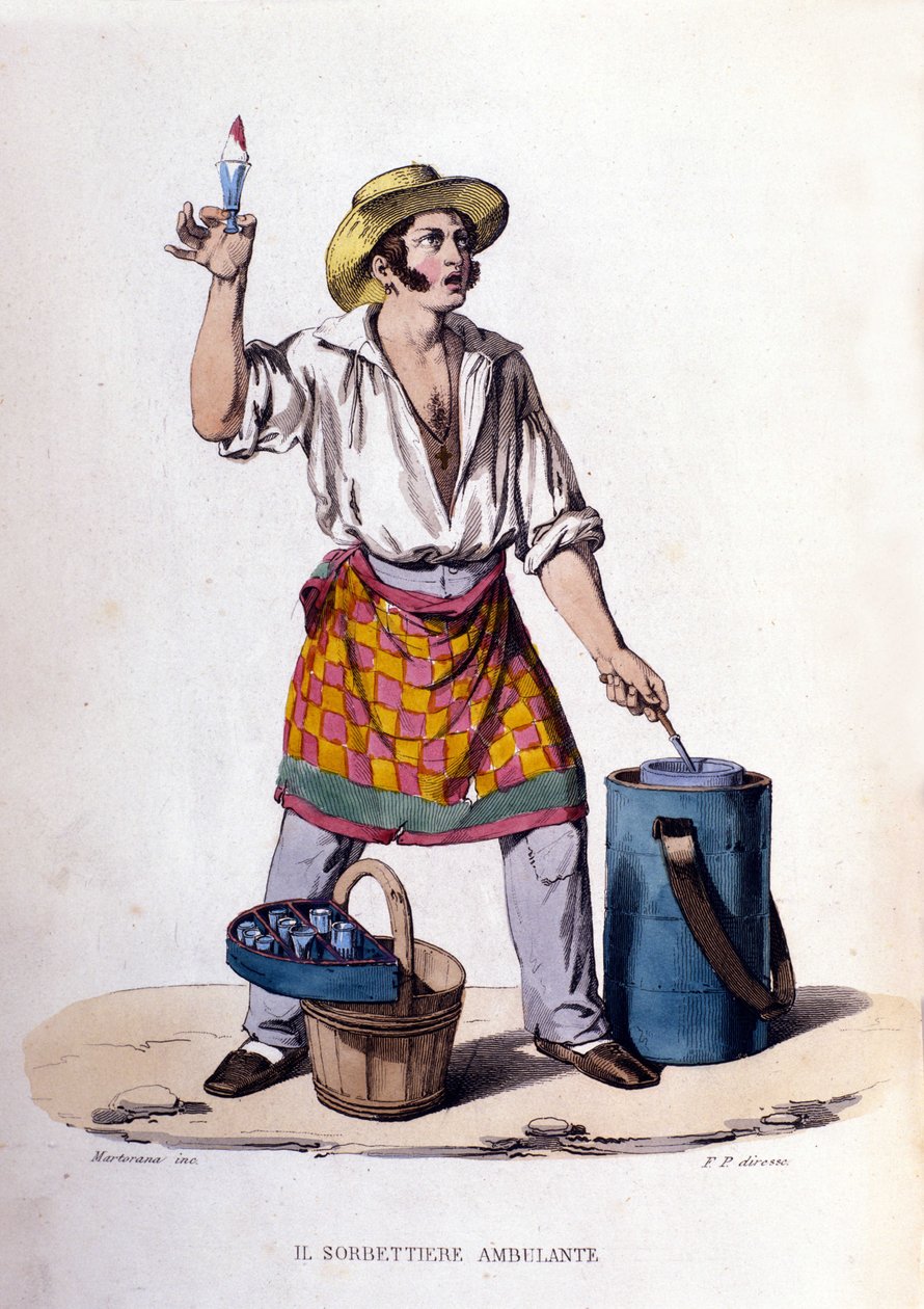 Småföretag i staden Neapel: säljaren av glass och sorbet. Gravyr efter målning av F. Palizza. Från ett verk av Francesco de Bourcard "" Costumi del regno di Napoli"" av Filippo Palizzi