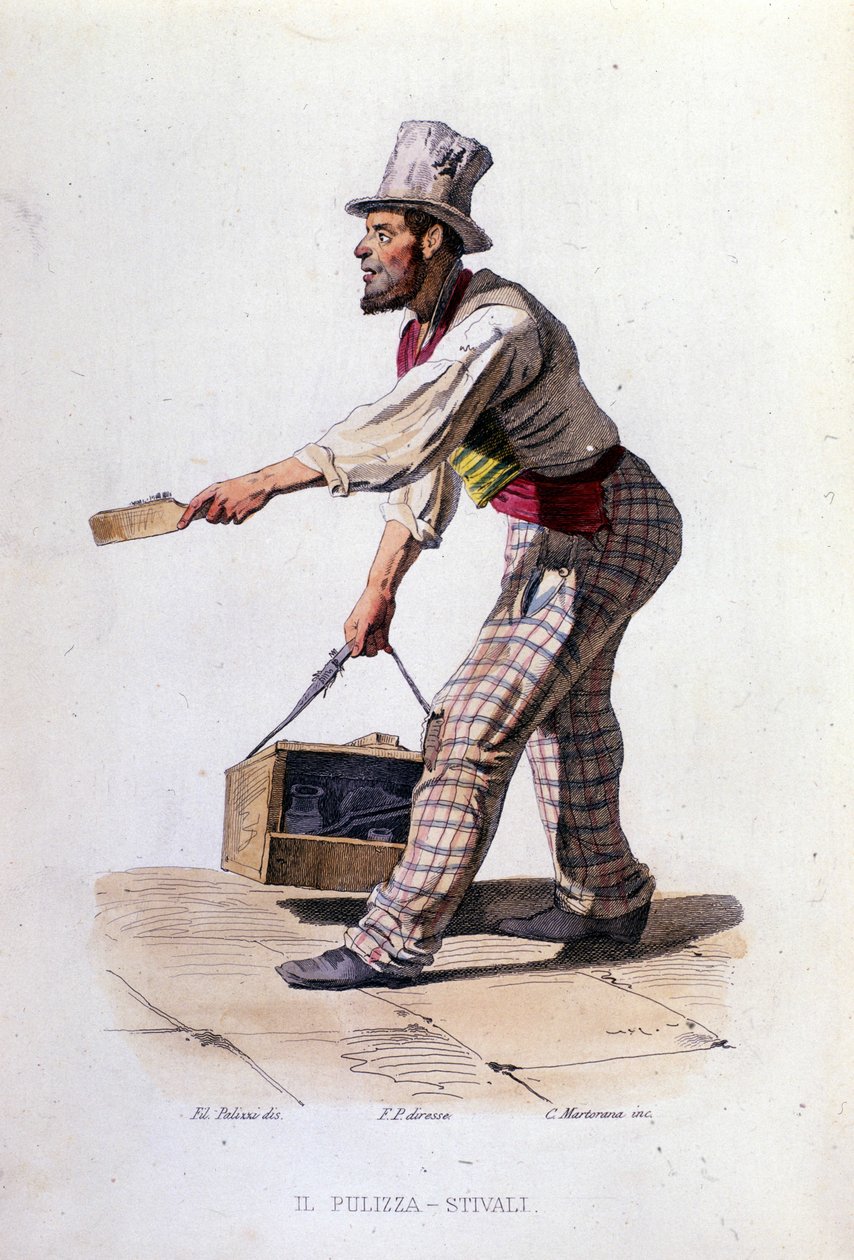 Småföretag i staden Neapel: skoputsaren. Gravyr efter målning av F. Palizza. Från ett verk av Francesco de Bourcard "" Costumi del regno di Napoli"" av Filippo Palizzi