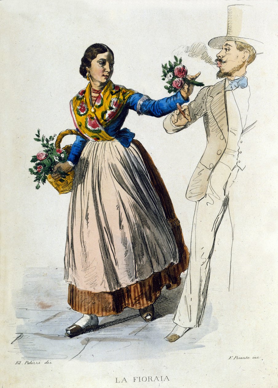 Småföretag i staden Neapel: ung florist som sköter en bukett till en elegant man. Gravyr efter målning av F. Palizza. Från ett verk av Francesco de Bourcard "" Costumi del regno di Napoli"" av Filippo Palizzi
