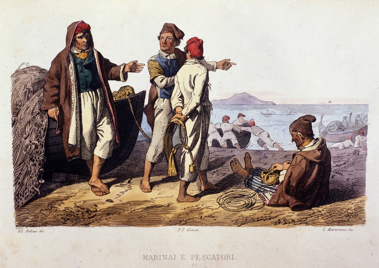 Liten metier av kungariket Neapel: sjömän och fiskare. Gravyr efter målning av F. Palizza. Från ett verk av Francesco de Bourcard "" Costumi del regno di Napoli"" av Filippo Palizzi