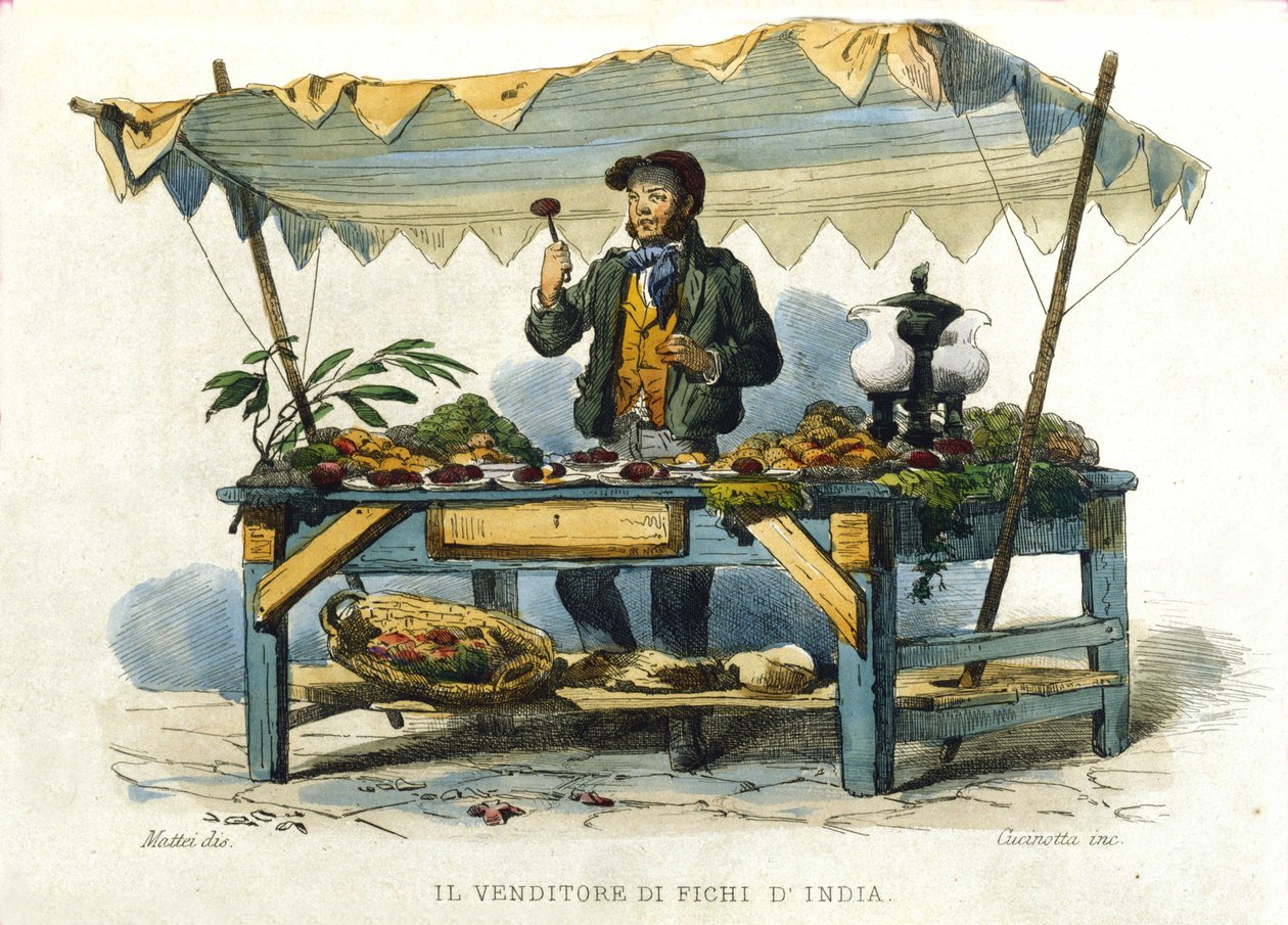 Liten metier av staden Neapel: säljaren av taggiga pinnar. Gravyr efter målning av F. Palizza. Från ett verk av Francesco de Bourcard "" Costumi del regno di Napoli"" av Filippo Palizzi