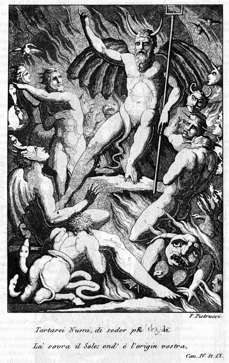 Illustration av en scen av "The Jerusalem Delivree" av Torquato Tasso (känd som Muggen). "" Tartarei Numi, att sitta mer värdig över solen ... "" Canto IV. Illustration av Filippo PISTRUCCI (1782-1859). av Filippo Pistrucci