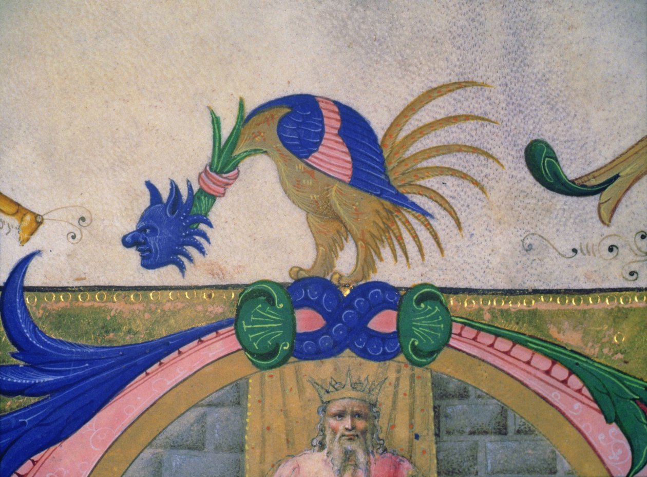 Missal 515 f.13v Fantastisk tvåbent varelse med mänskligt ansikte, detalj av dekorativ bård från en körbok utförd före 1449 (detalj av 56721) av Filippo di Matteo Torelli