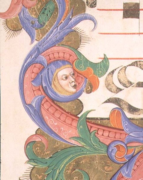Missal 515 f.156r Zoomorft bladverk med kapplöpt huvud, detalj av en dekorativ bård från en körbok utförd före 1449 av Filippo di Matteo Torelli