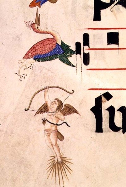 Missal 515 f.5r En kerub som skjuter en stork med båge och osynlig pil, detalj av dekorativ bård från en körbok avrättad före 1449 (vellum) av Filippo di Matteo Torelli