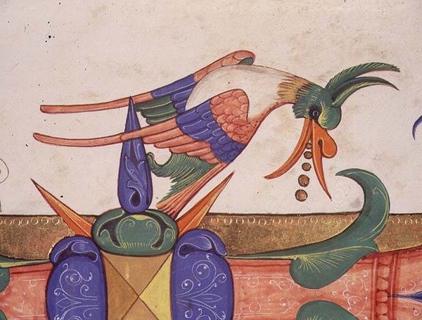 Missal 515 f.72v Fantastisk fågel, detalj av dekoration från ett historiskt initialt 